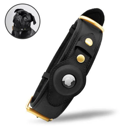 Black Genuine Leather Apple AirTag Dog Collar