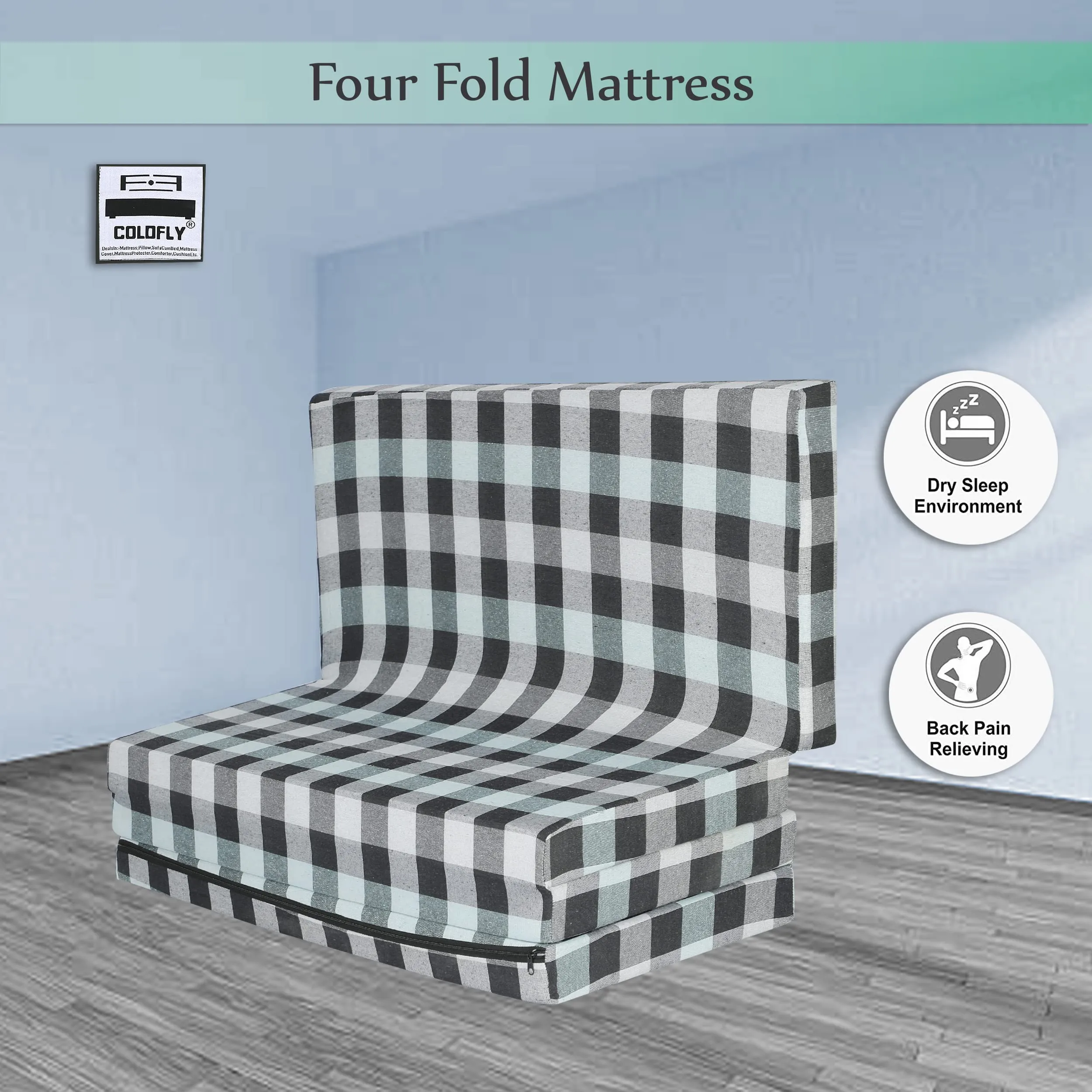 COLOFLY UHD Foam 3 Inch Dual Comfort Reversible Four Fold Single Bed Mattress Foldable Blue Multicolor Gadda for Travel Picnic (72x35x3)