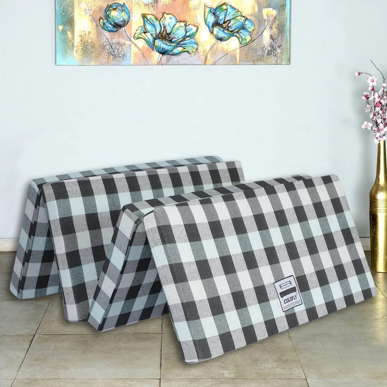COLOFLY UHD Foam 3 Inch Dual Comfort Reversible Four Fold Single Bed Mattress Foldable Blue Multicolor Gadda for Travel Picnic (72x35x3)