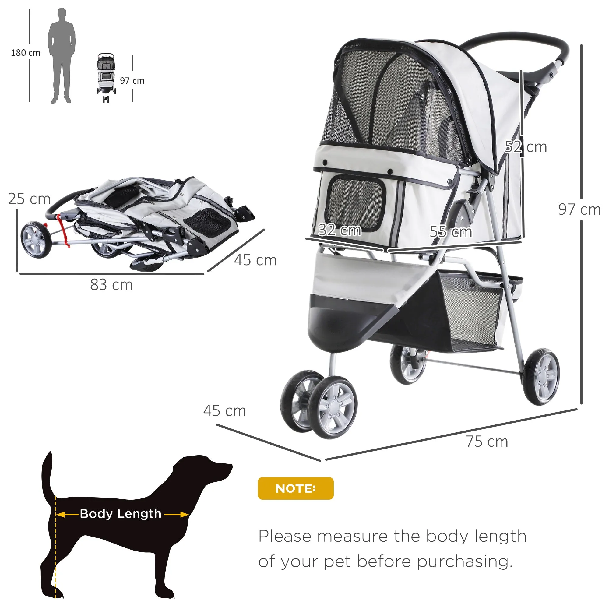 Dog Stroller Pet Travel Stroller Cat Dog Pushchair Trolley Puppy Jogger Carrier Three Wheels (Grey)