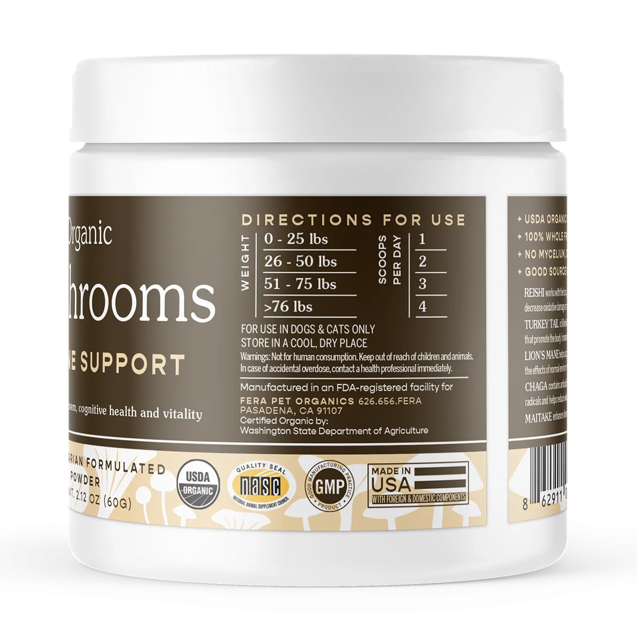 Fera Pet Organics Dog and Cat Supplement, USDA Organic Mushroom Blend for Immune Support