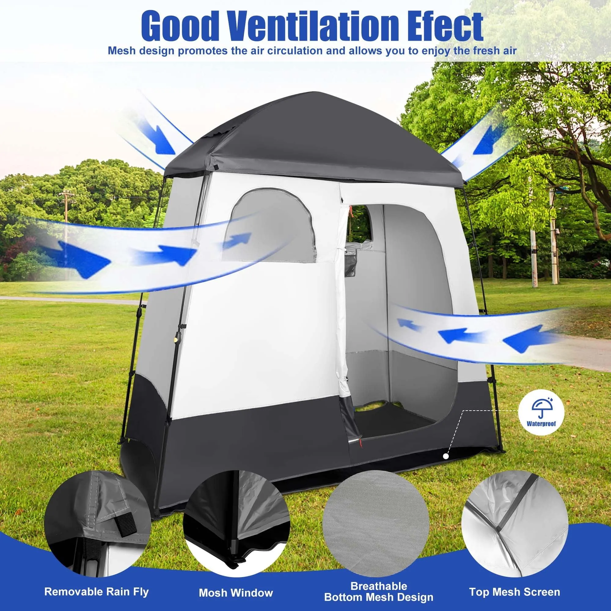 GVDV Camping Shower Tent, 2 Rooms Oversize Outdoor Portable Shelter, Privacy Tent with Detachable Top, 87" x 47" x 87"