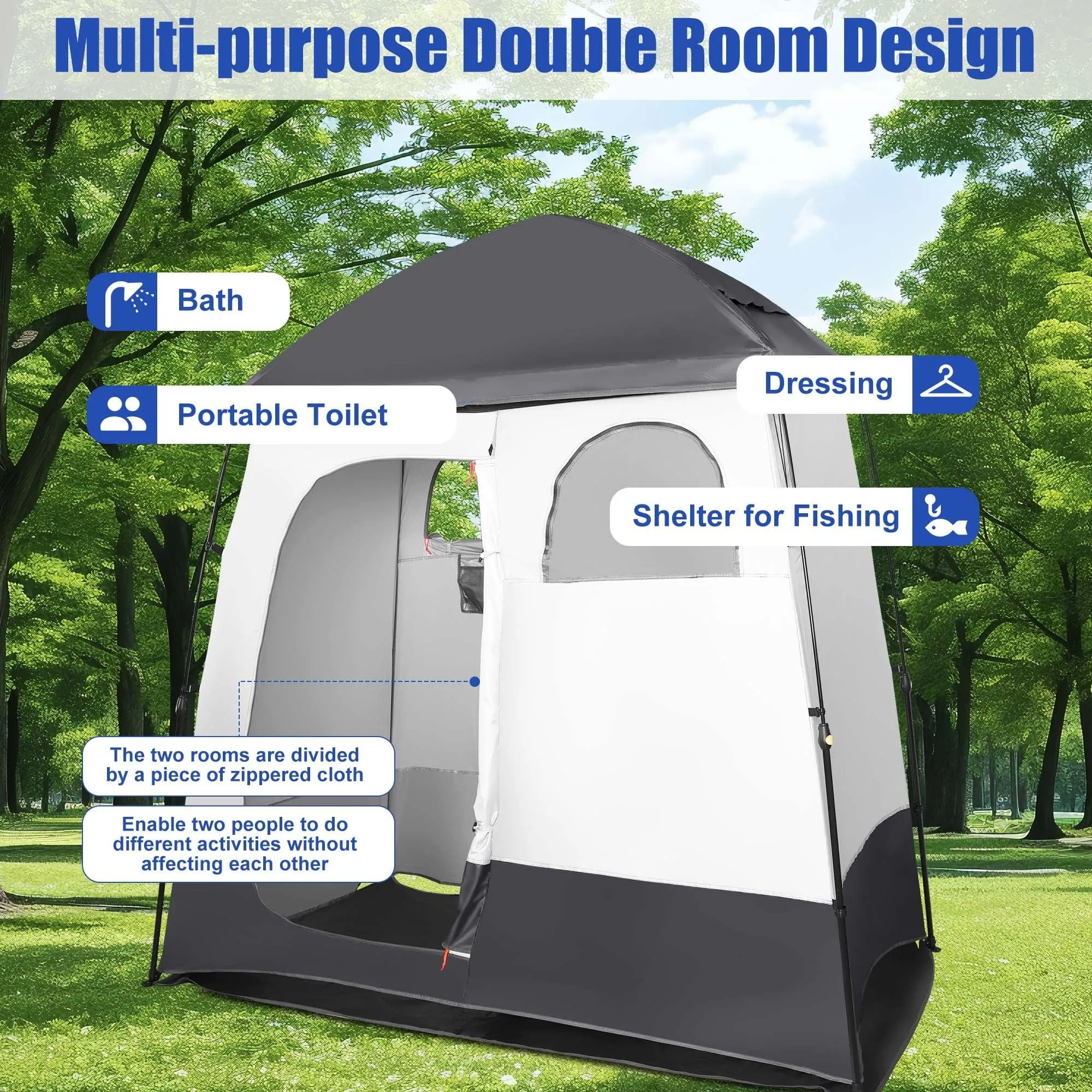 GVDV Camping Shower Tent, 2 Rooms Oversize Outdoor Portable Shelter, Privacy Tent with Detachable Top, 87" x 47" x 87"