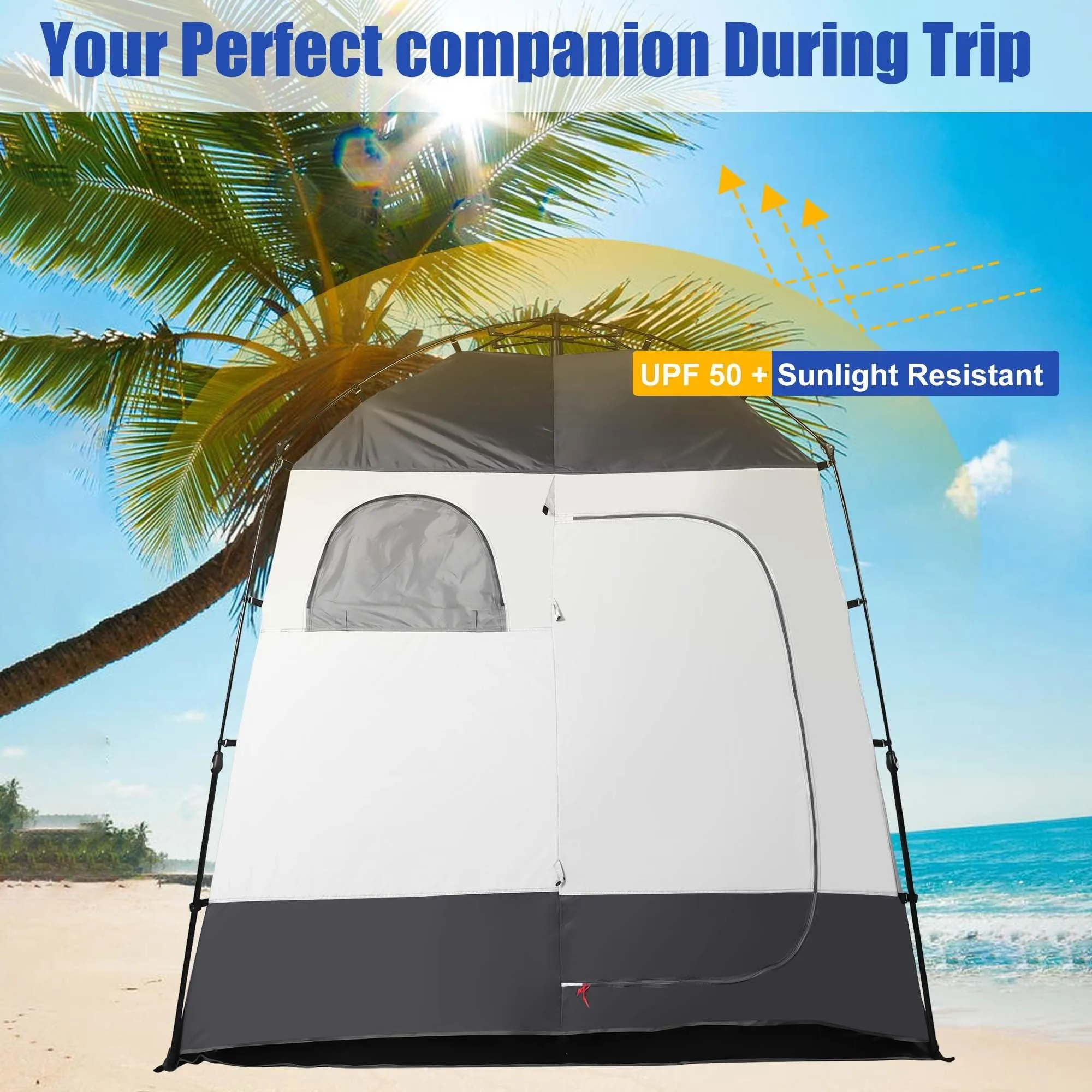 GVDV Camping Shower Tent, 2 Rooms Oversize Outdoor Portable Shelter, Privacy Tent with Detachable Top, 87" x 47" x 87"