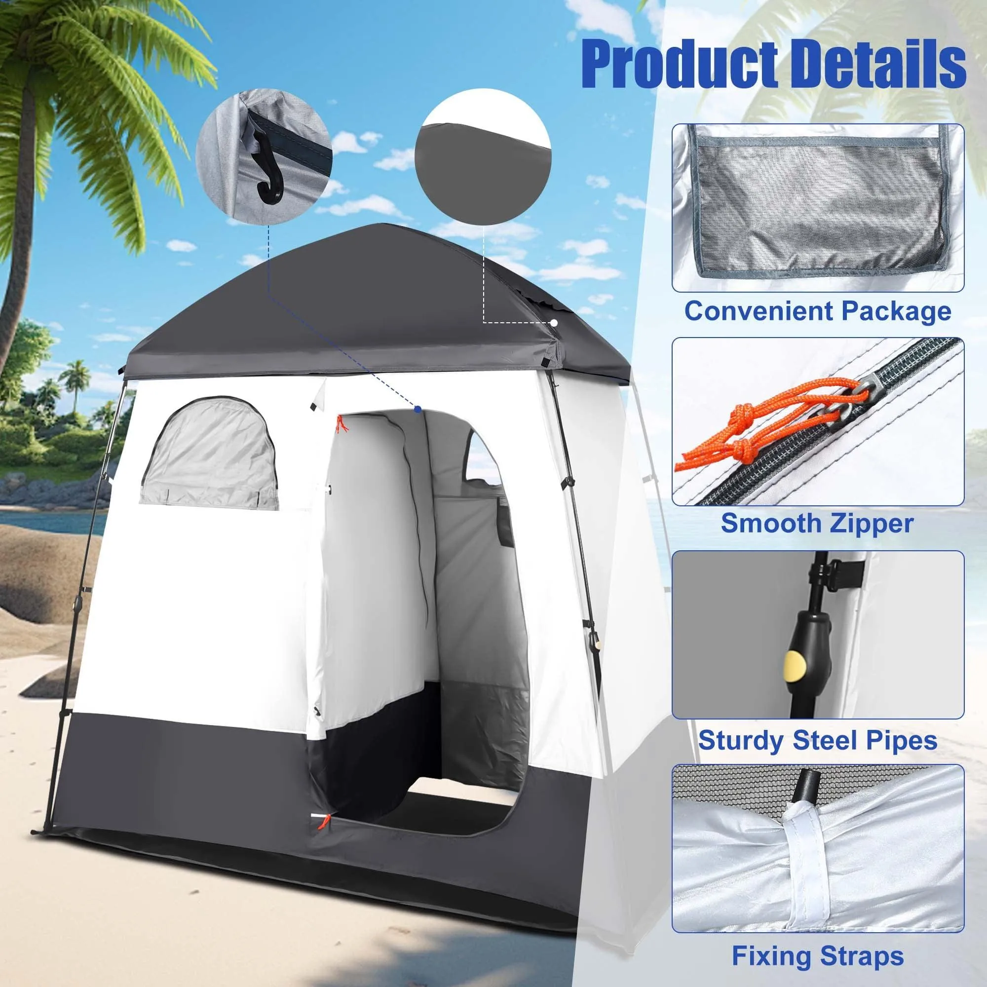 GVDV Camping Shower Tent, 2 Rooms Oversize Outdoor Portable Shelter, Privacy Tent with Detachable Top, 87" x 47" x 87"