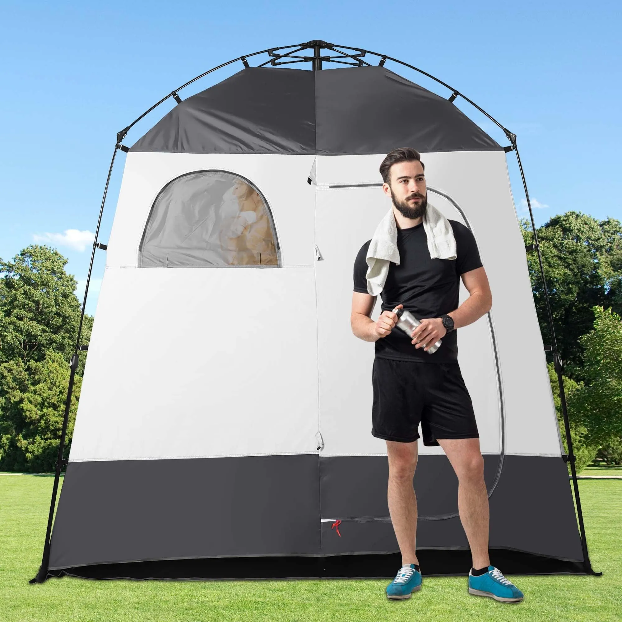 GVDV Camping Shower Tent, 2 Rooms Oversize Outdoor Portable Shelter, Privacy Tent with Detachable Top, 87" x 47" x 87"