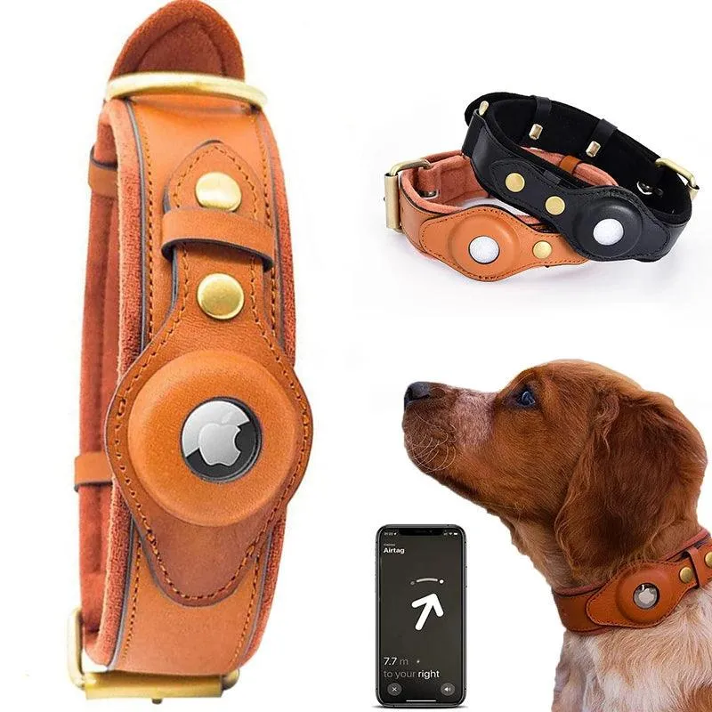 Heavy-Duty Leather Dog Collar with Airtag Holder™ – Ultimate Pet Safety