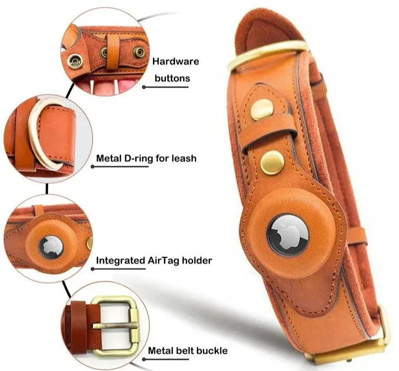 Heavy-Duty Leather Dog Collar with Airtag Holder™ – Ultimate Pet Safety