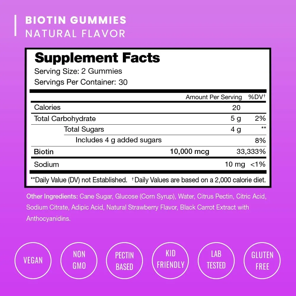 High-Potency NutraChamps Biotin Gummies: 10,000mcg for Strong Hair, Skin & Nails - Suitable for Women, Men & Kids - Vegan, Non-GMO Hair Health Supplement