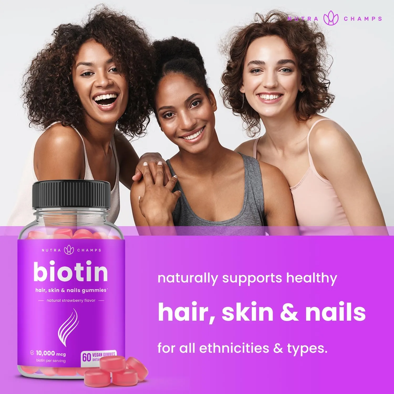 High-Potency NutraChamps Biotin Gummies: 10,000mcg for Strong Hair, Skin & Nails - Suitable for Women, Men & Kids - Vegan, Non-GMO Hair Health Supplement