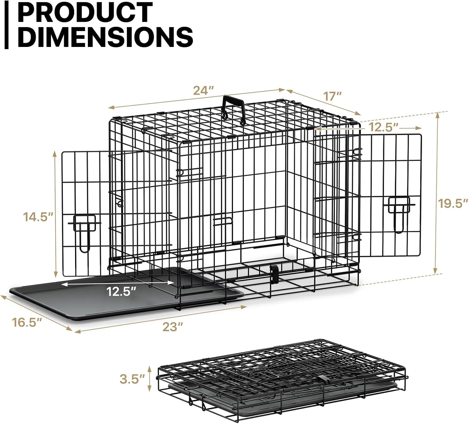 MoNiBloom 24/30/36/42/48 Dog Crates, Foldable Metal Wire Dog Cage with Double-Door, Outdoor Indoor Pet Kennels, Includes Leak-Proof Pan, Divider Panel, Black, 24"