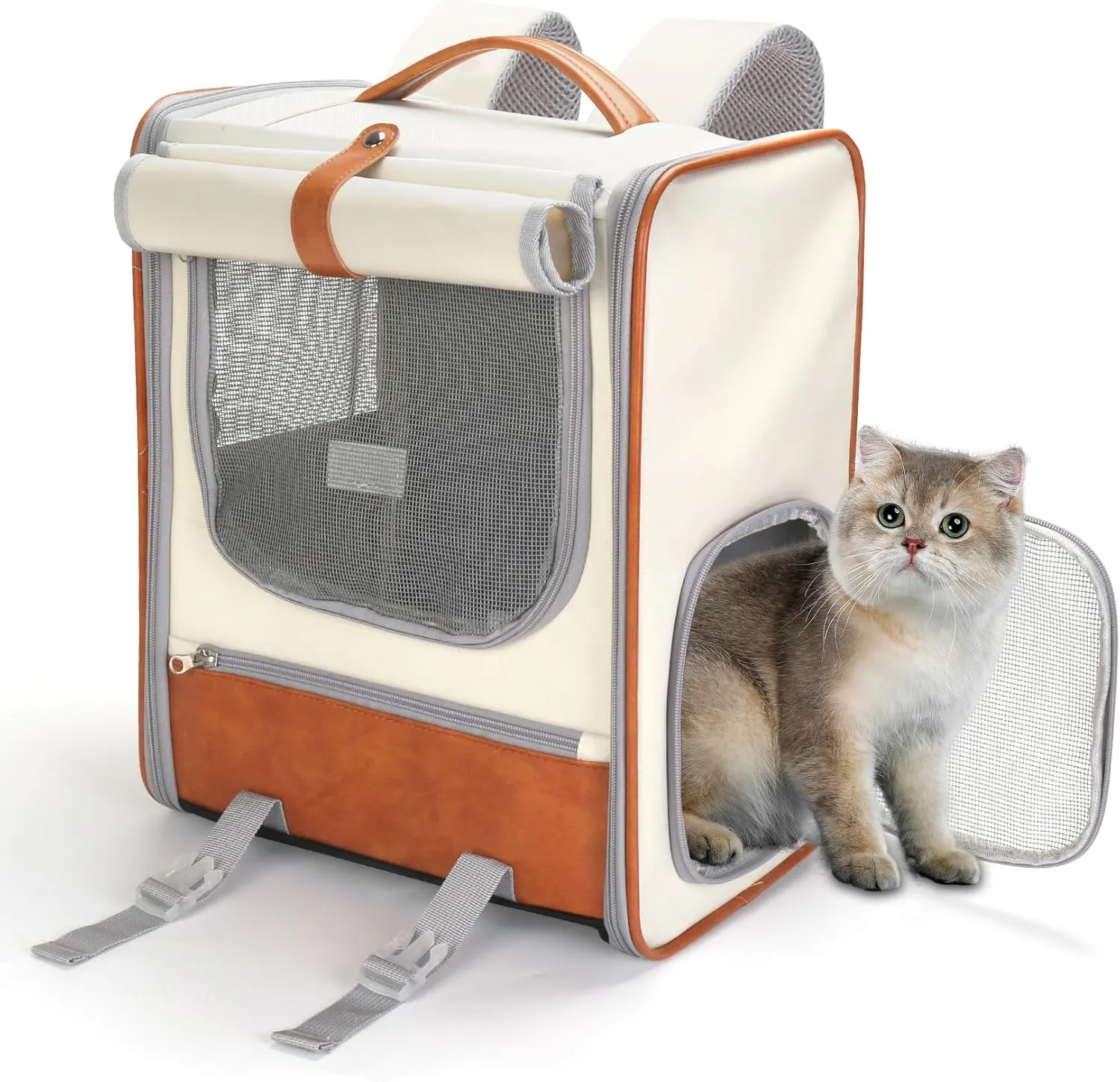 Pet Carrier Backpack, Cat Backpack Carrier with Breathable Holes, Portable Pet Travel Carrier for Medium/Small Cats and Dogs, Airline Approved, Ideal for Outdoor Picnic,Hiking (Beige Brown)