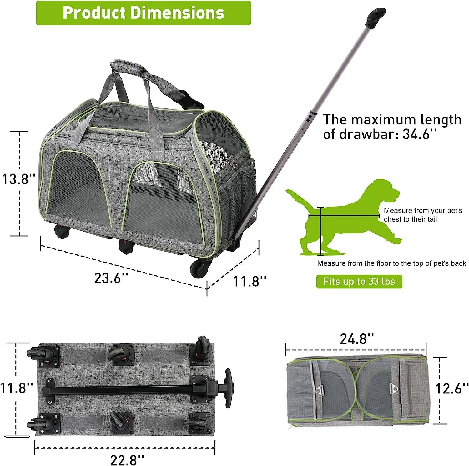 Pet Carrier for Cats Dogs Up to 33lbs with Detachable Wheels & Safe Locking Zippers, Airline Approved