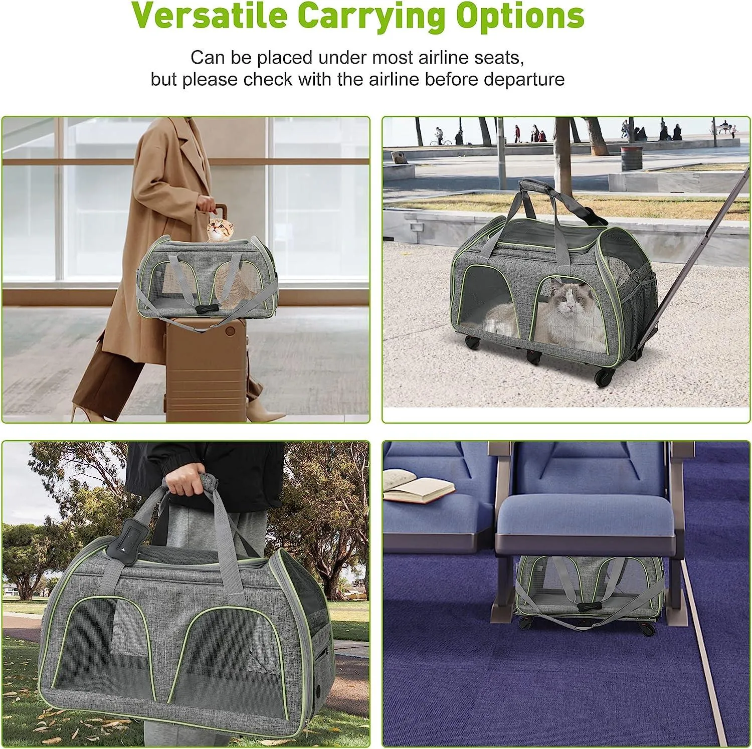 Pet Carrier for Cats Dogs Up to 33lbs with Detachable Wheels & Safe Locking Zippers, Airline Approved