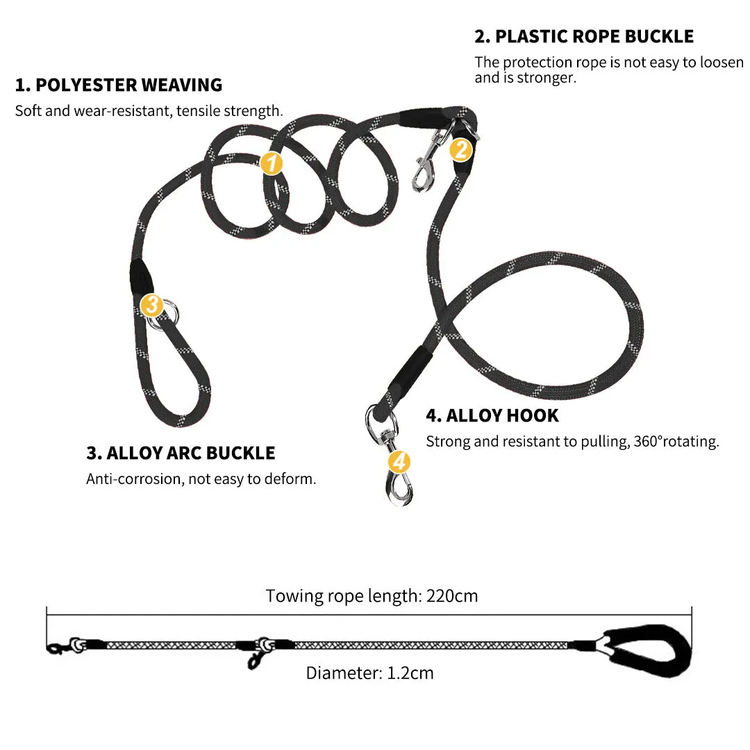 SOGA 2X 220cm Multifunction Hands Free Rope Pet Cat Dog Puppy Double Ended Leash for Walking Training Tracking Obedience Black