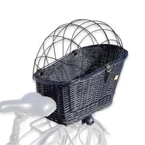 Wicker Dog or Cat Carrier with Protective Grille - for Bicycle Luggage Rack & Metal Holder - Black Color with Soft Cotton Cushion