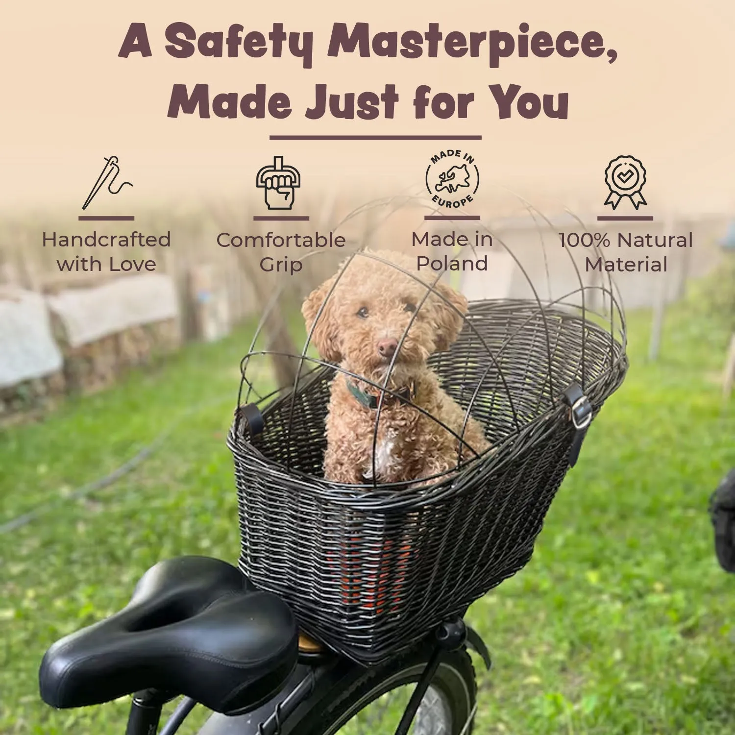 Wicker Dog or Cat Carrier with Protective Grille - for Bicycle Luggage Rack & Metal Holder - Black Color with Soft Cotton Cushion