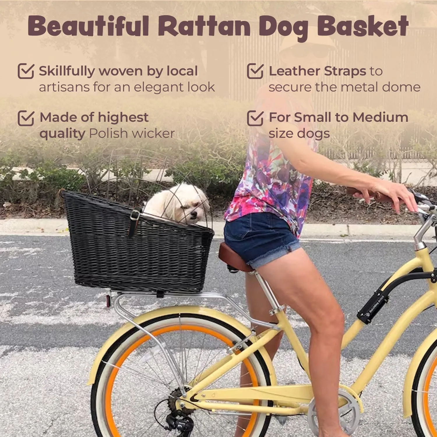 Wicker Dog or Cat Carrier with Protective Grille - for Bicycle Luggage Rack & Metal Holder - Black Color with Soft Cotton Cushion