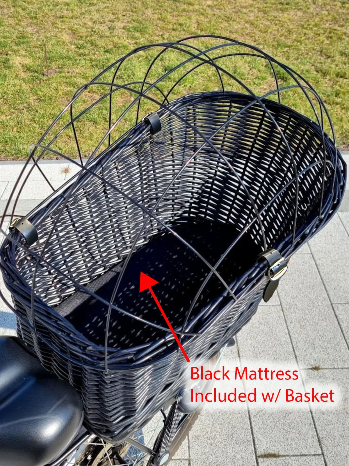 Wicker Dog or Cat Carrier with Protective Grille - for Bicycle Luggage Rack & Metal Holder - Black Color with Soft Cotton Cushion